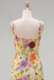 Butter Yellow Floral Tight Short Square Neck Homecoming Dress