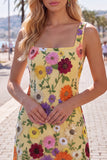 Butter Yellow Floral Tight Short Square Neck Homecoming Dress