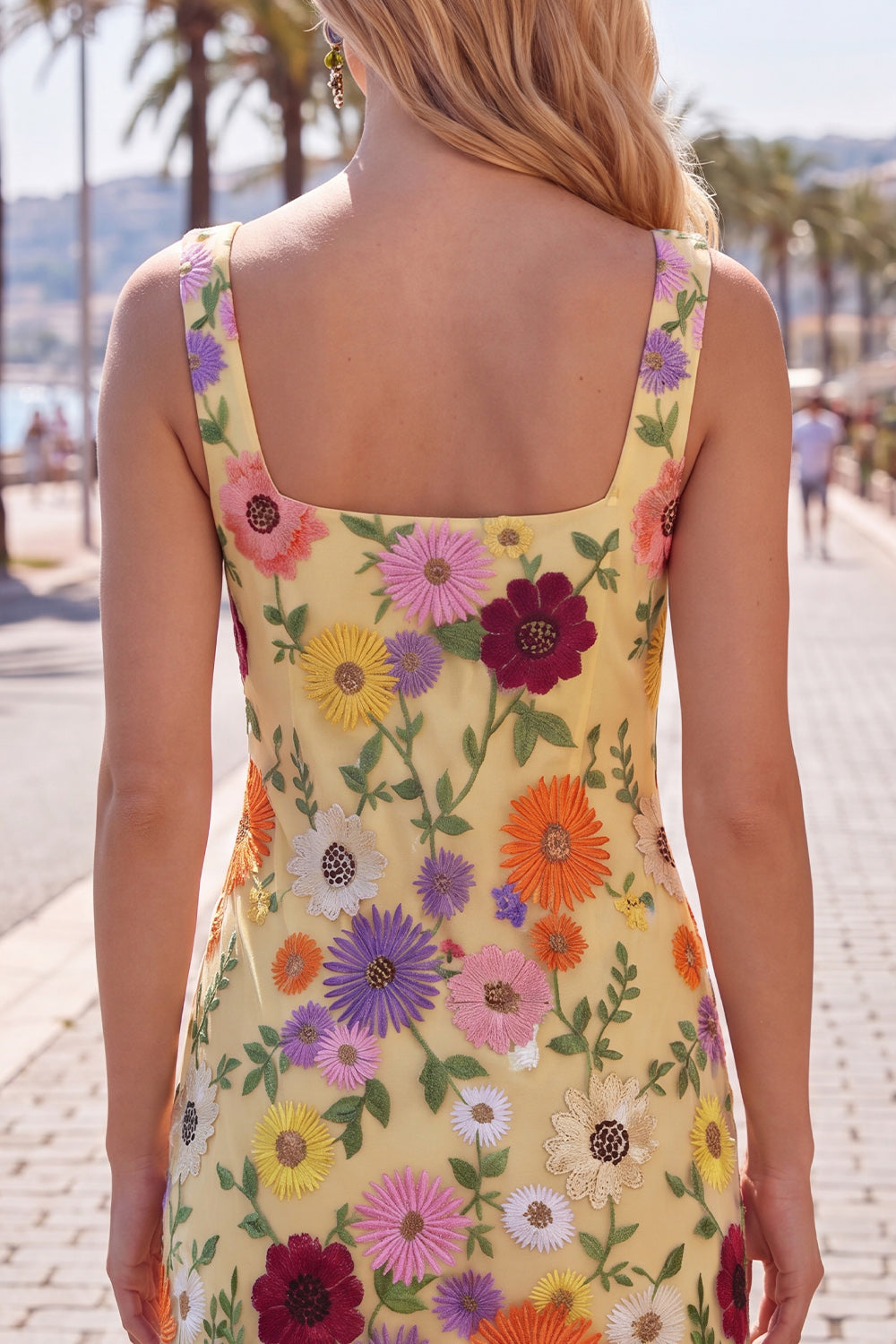 Butter Yellow Floral Tight Short Square Neck Homecoming Dress