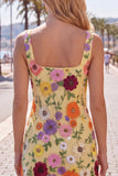 Butter Yellow Floral Tight Short Square Neck Homecoming Dress