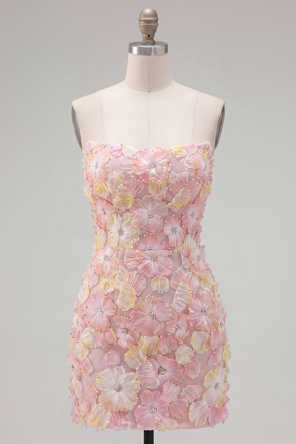 Sparkly Pink Floral Tight Short Strapless Beaded Homecoming Dress