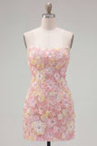 Sparkly Pink Floral Tight Short Strapless Beaded Homecoming Dress