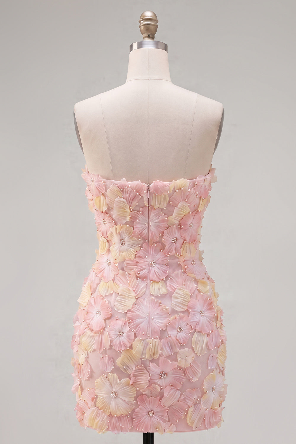 Sparkly Pink Floral Tight Short Strapless Beaded Homecoming Dress