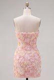 Sparkly Pink Floral Tight Short Strapless Beaded Homecoming Dress