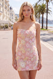 Sparkly Pink Floral Tight Short Strapless Beaded Homecoming Dress