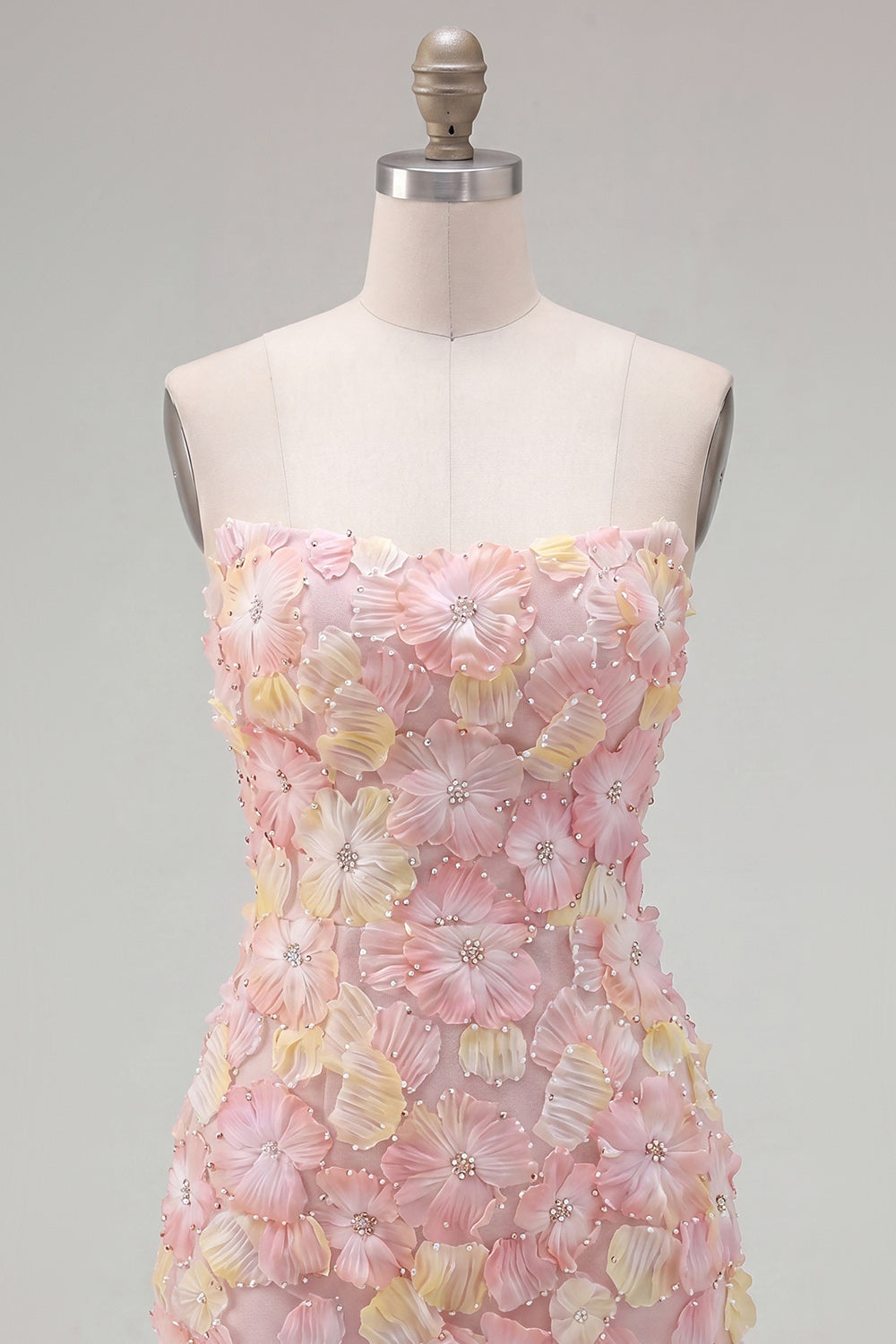 Sparkly Pink Floral Tight Short Strapless Beaded Homecoming Dress