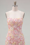 Sparkly Pink Floral Tight Short Strapless Beaded Homecoming Dress