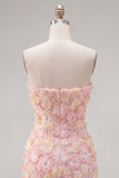 Sparkly Pink Floral Tight Short Strapless Beaded Homecoming Dress