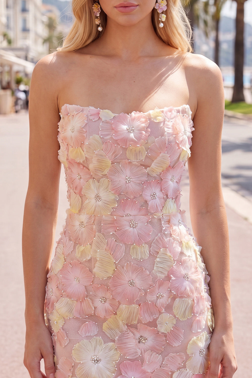 Sparkly Pink Floral Tight Short Strapless Beaded Homecoming Dress