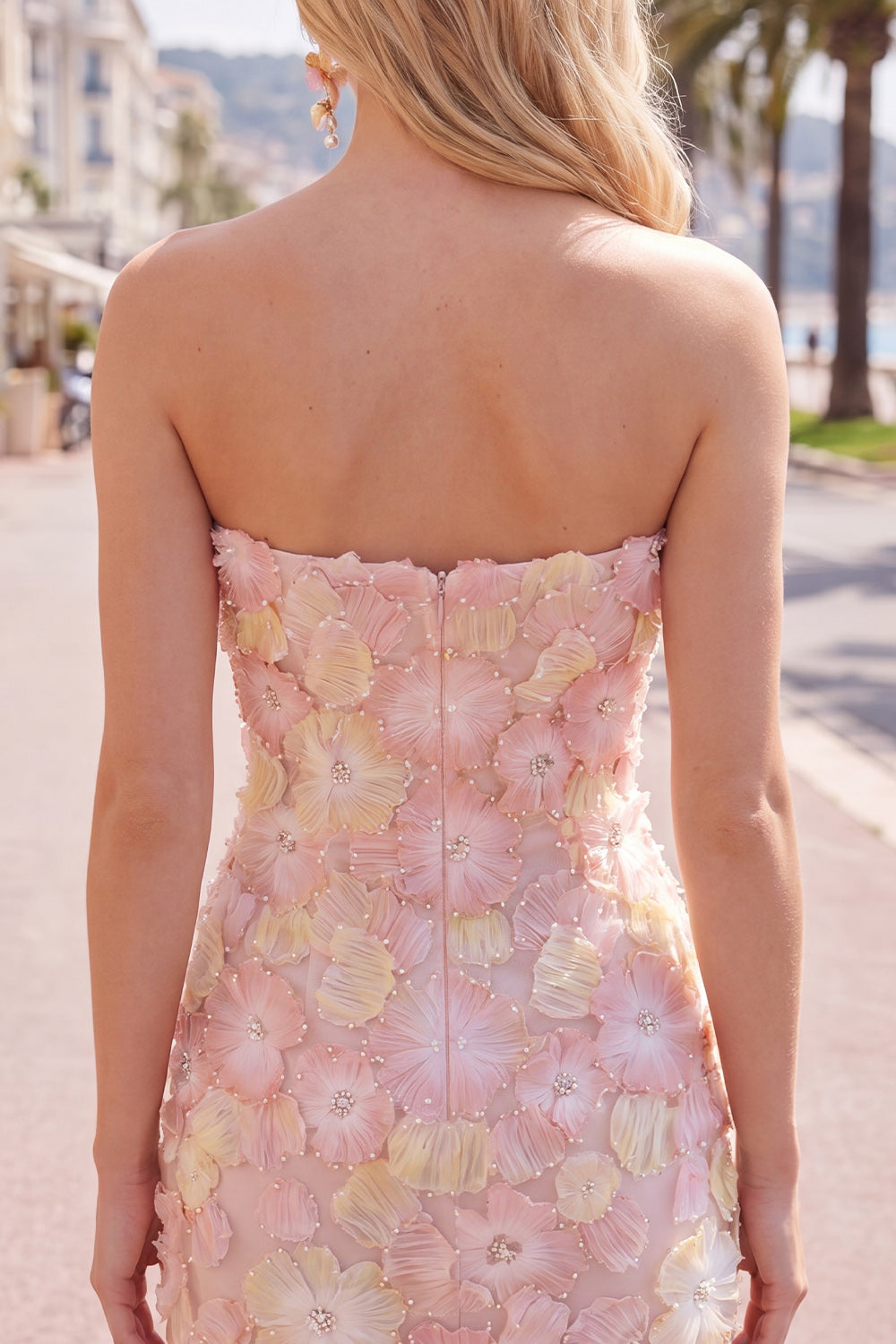 Sparkly Pink Floral Tight Short Strapless Beaded Homecoming Dress