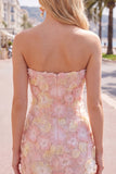 Sparkly Pink Floral Tight Short Strapless Beaded Homecoming Dress
