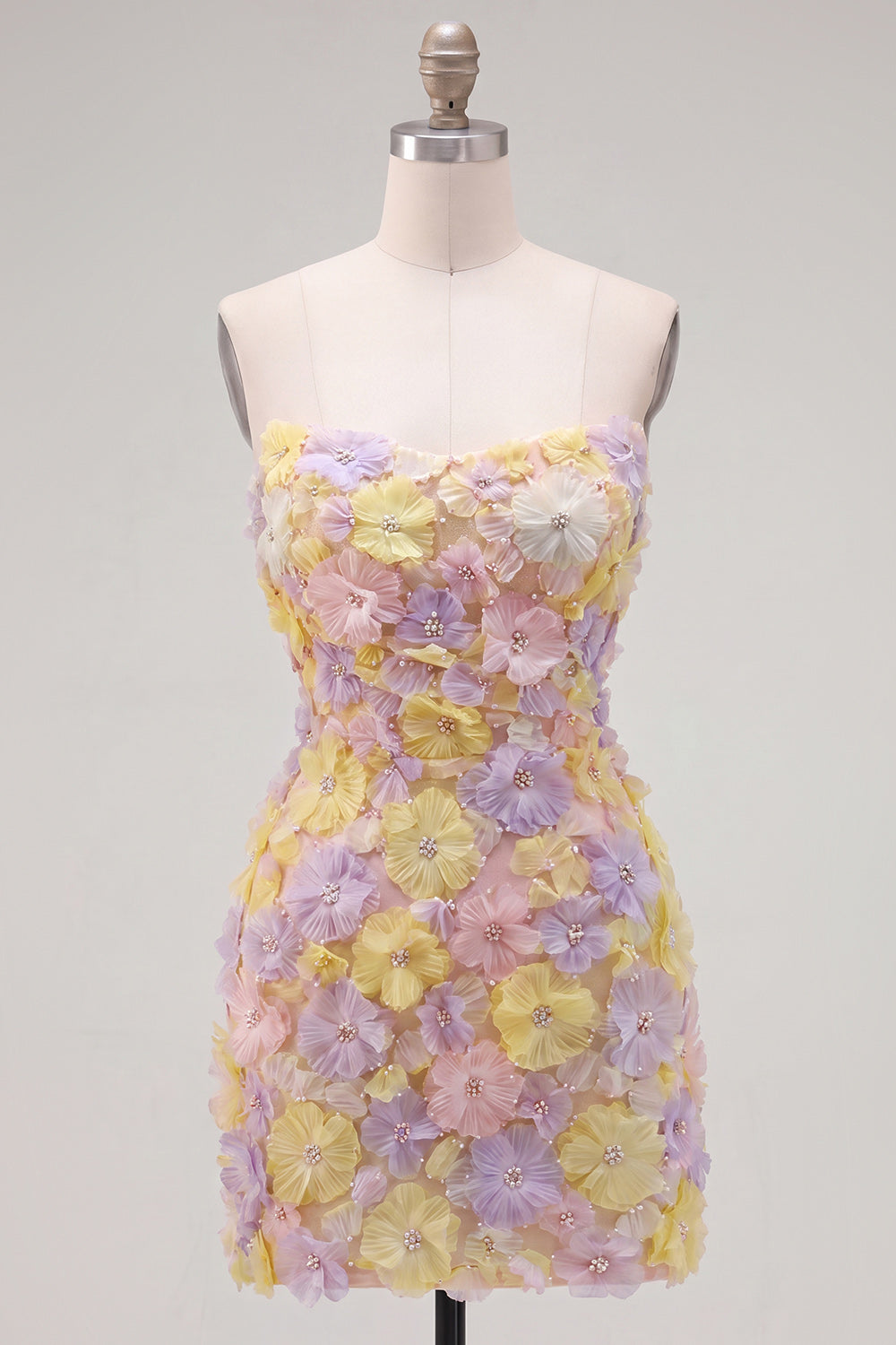 Sparkly Pink Floral Tight Short Strapless Beaded Homecoming Dress