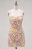 Sparkly Pink Floral Tight Short Strapless Beaded Homecoming Dress