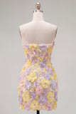 Sparkly Pink Floral Tight Short Strapless Beaded Homecoming Dress