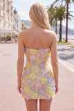 Sparkly Pink Floral Tight Short Strapless Beaded Homecoming Dress