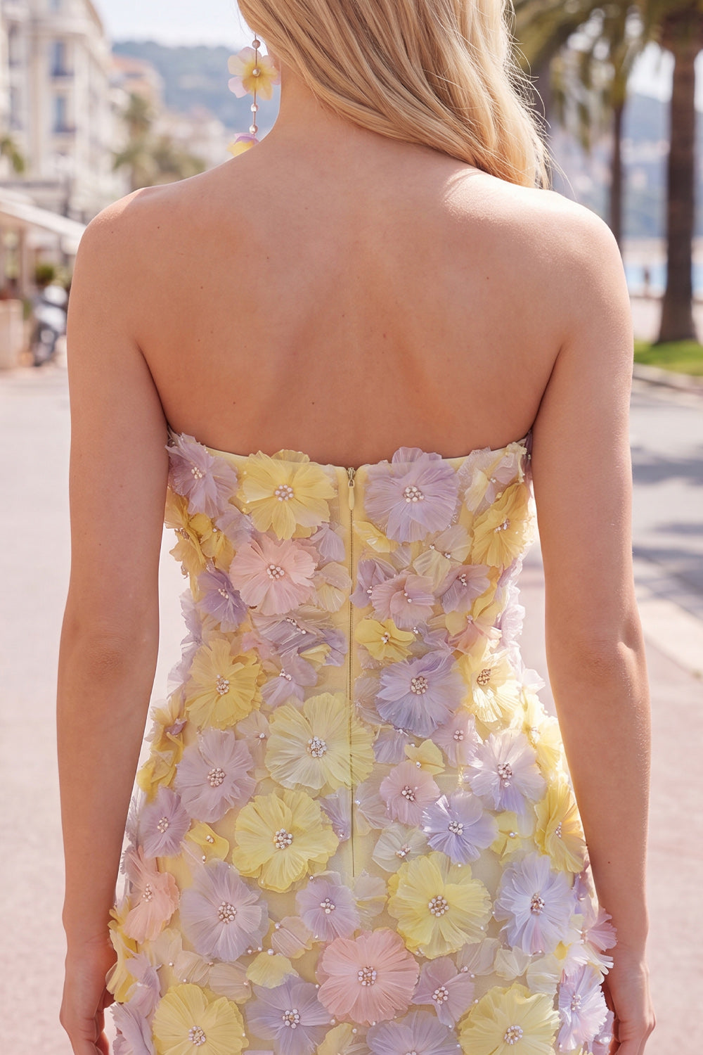 Sparkly Pink Floral Tight Short Strapless Beaded Homecoming Dress