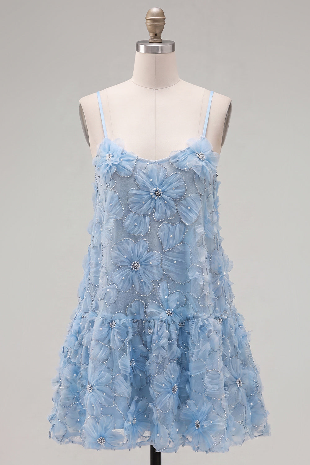 Sparkly Blue Floral A Line Short Spaghetti Straps Beaded Homecoming Dress