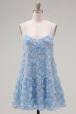 Sparkly Blue Floral A Line Short Spaghetti Straps Beaded Homecoming Dress