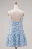 Sparkly Blue Floral A Line Short Spaghetti Straps Beaded Homecoming Dress