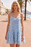 Sparkly Blue Floral A Line Short Spaghetti Straps Beaded Homecoming Dress