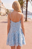Sparkly Blue Floral A Line Short Spaghetti Straps Beaded Homecoming Dress