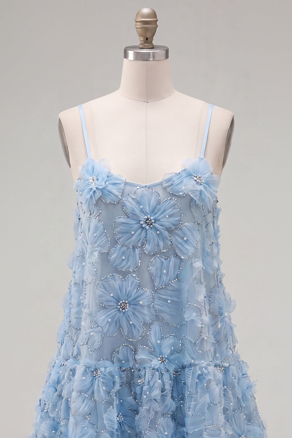 Sparkly Blue Floral A Line Short Spaghetti Straps Beaded Homecoming Dress