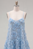 Sparkly Blue Floral A Line Short Spaghetti Straps Beaded Homecoming Dress