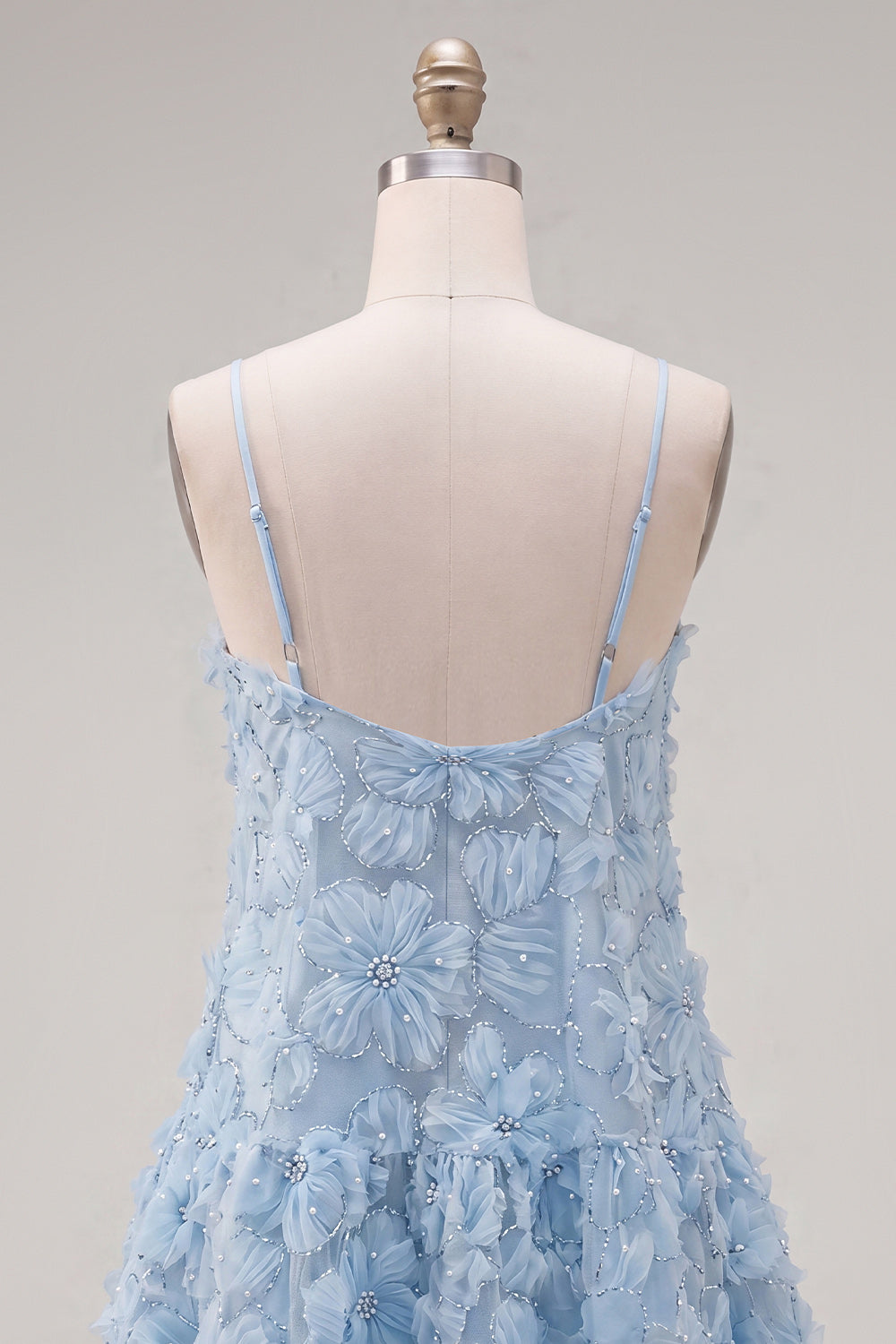 Sparkly Blue Floral A Line Short Spaghetti Straps Beaded Homecoming Dress