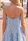 Sparkly Blue Floral A Line Short Spaghetti Straps Beaded Homecoming Dress