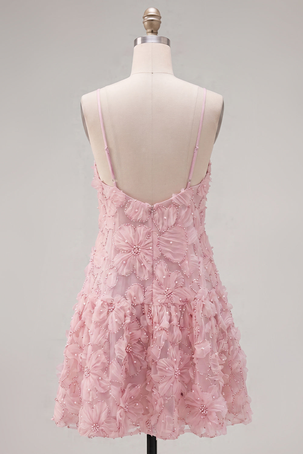 Sparkly Blue Floral A Line Short Spaghetti Straps Beaded Homecoming Dress
