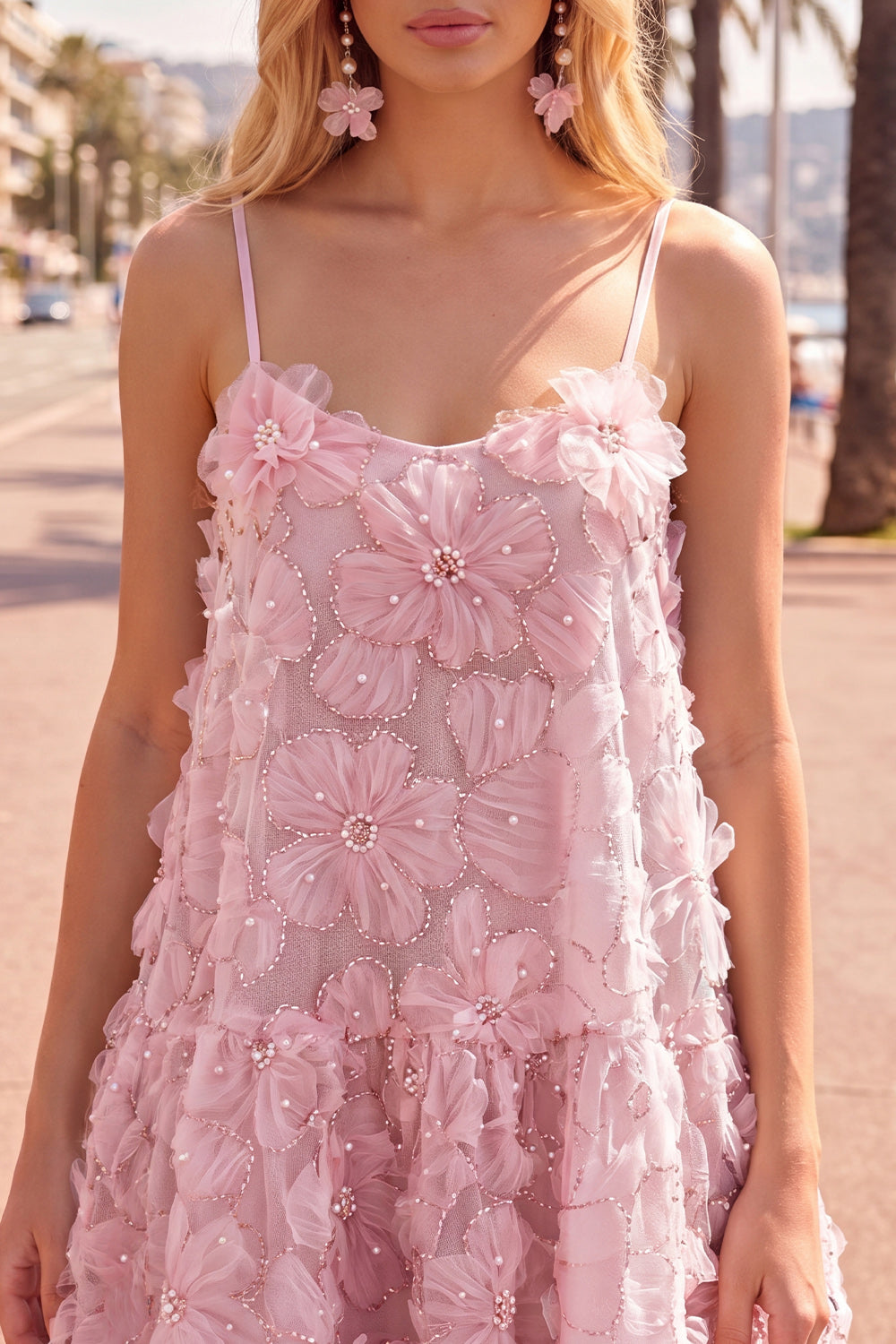 Sparkly Blue Floral A Line Short Spaghetti Straps Beaded Homecoming Dress