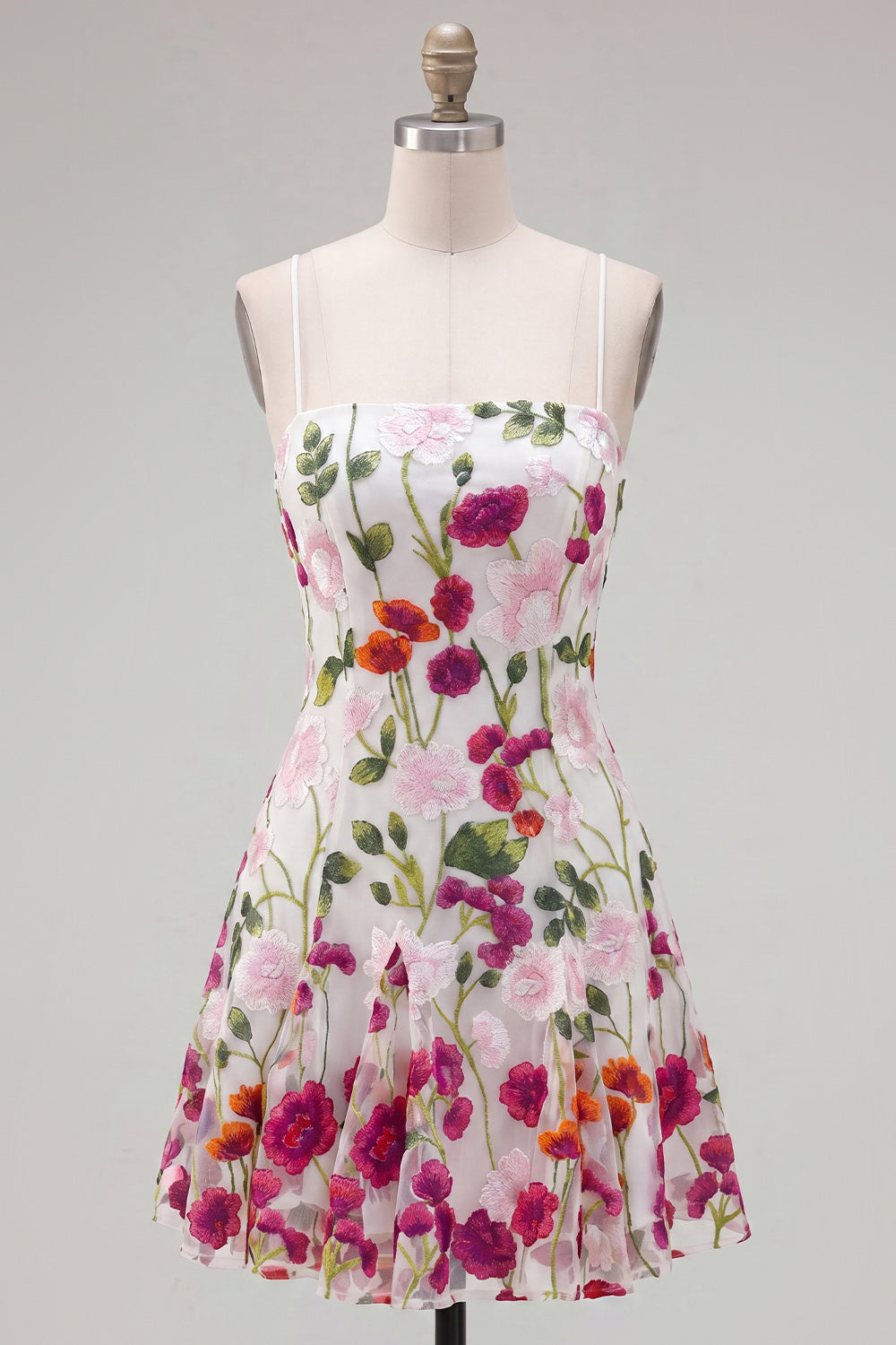 Pink Red Flower Short Spaghetti Straps A Line Homecoming Dress