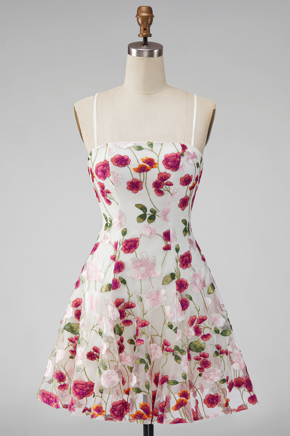Pink Red Flower Short Spaghetti Straps A Line Homecoming Dress