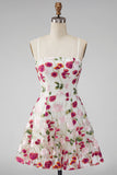 Pink Red Flower Short Spaghetti Straps A Line Homecoming Dress