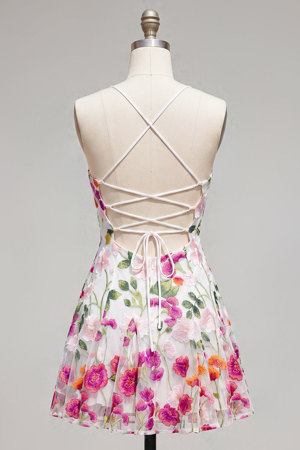 Pink Red Flower Short Spaghetti Straps A Line Homecoming Dress