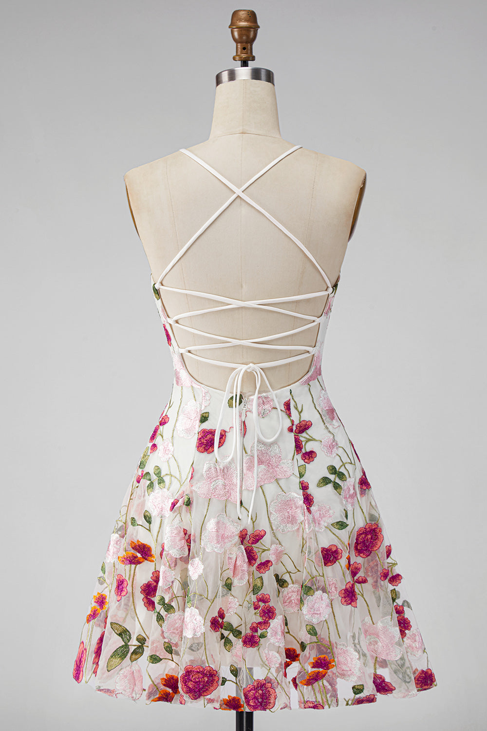 Pink Red Flower Short Spaghetti Straps A Line Homecoming Dress