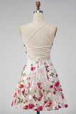Pink Red Flower Short Spaghetti Straps A Line Homecoming Dress
