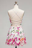 Pink Red Flower Short Spaghetti Straps A Line Homecoming Dress