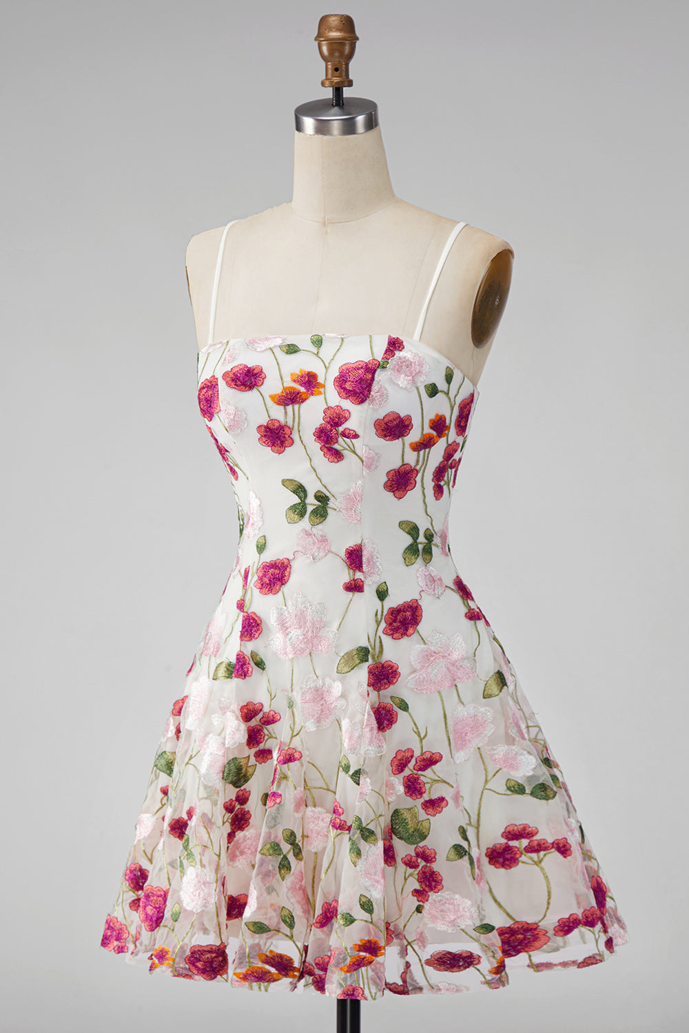 Pink Red Flower Short Spaghetti Straps A Line Homecoming Dress
