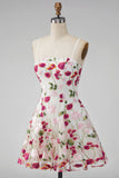 Pink Red Flower Short Spaghetti Straps A Line Homecoming Dress