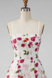 Pink Red Flower Short Spaghetti Straps A Line Homecoming Dress