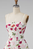 Pink Red Flower Short Spaghetti Straps A Line Homecoming Dress