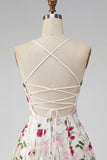 Pink Red Flower Short Spaghetti Straps A Line Homecoming Dress