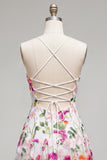Pink Red Flower Short Spaghetti Straps A Line Homecoming Dress