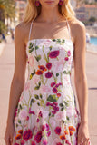 Pink Red Flower Short Spaghetti Straps A Line Homecoming Dress
