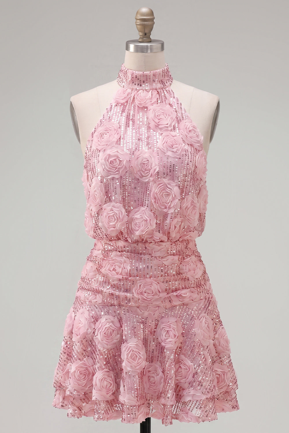 Sparkly Pink Sequin Floral Short A Line Homecoming Dress with Ruffles