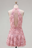 Sparkly Pink Sequin Floral Short A Line Homecoming Dress with Ruffles