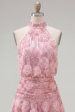 Sparkly Pink Sequin Floral Short A Line Homecoming Dress with Ruffles