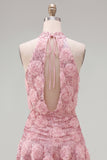 Sparkly Pink Sequin Floral Short A Line Homecoming Dress with Ruffles