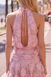 Sparkly Pink Sequin Floral Short A Line Homecoming Dress with Ruffles